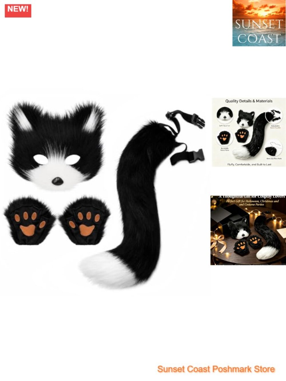 Faux Fur Fox Cosplay Costume Set Plush Mask Tail Paw Gloves Adult Halloween